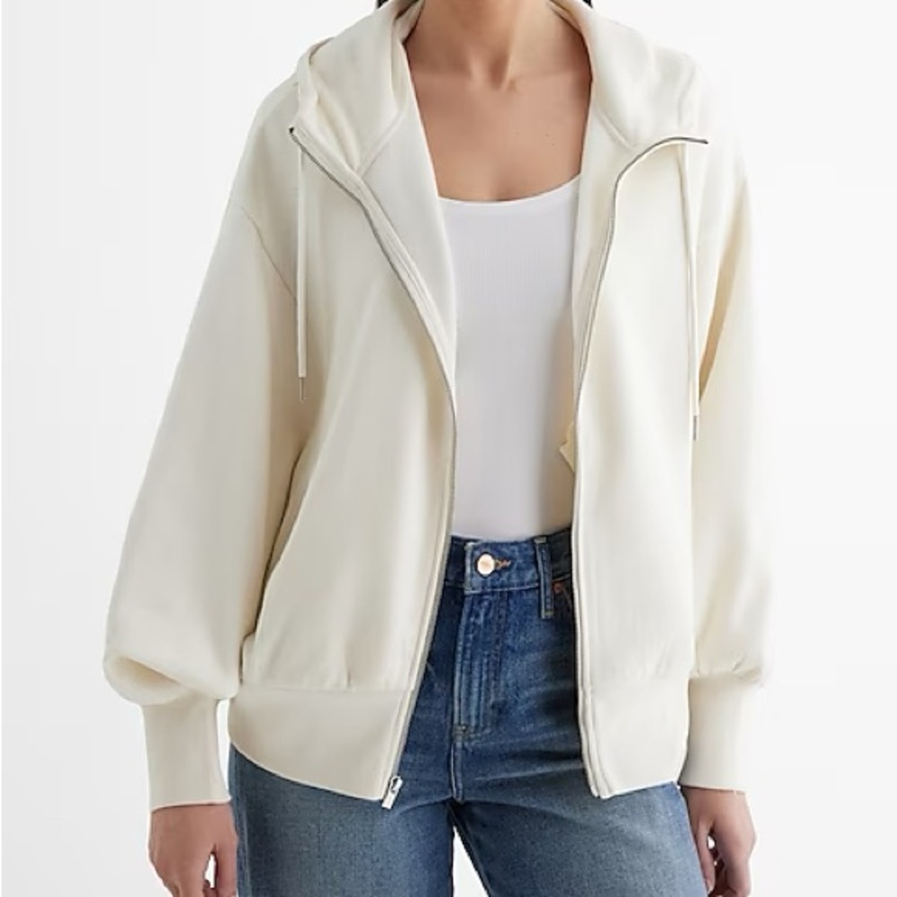 Relaxed Zip Up Banded Bottom Fleece Hoodie From Express
